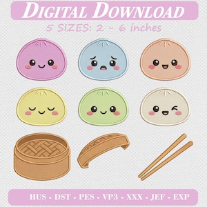 Può includere: Disegno per ricamo in download digitale con sei personaggi a forma di gnocco colorati con varie espressioni facciali, un cestello per vapore in bambù marrone e un paio di bacchette in legno. Il testo recita Digital Download e 5 SIZES: 2 - 6 inches.