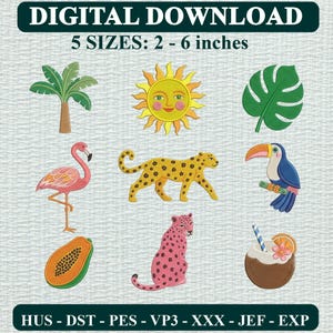 Tropical Jungle Machine Embroidery Design, Cheetah Toucan Flamingo Pattern (Digital Download)