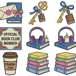 Peut inclure: Une collection d'autocollants numériques représentant des livres, un fauteuil bleu, une clé dorée, un casque audio, une bougie, un gobelet de café marqué Chapter Fuel et des fleurs. Le texte inclut One More Chapter, Official Book Club Member et Book Chapter.