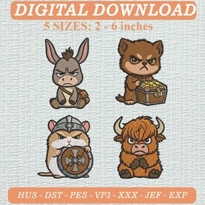 Op de afbeelding: Digitaal download borduurontwerp met vier cartoonfiguren: een ezel met tas, een wolf met schatkist, een hamster met schild en helm, en een hooglandrund. Tekst: DIGITAL DOWNLOAD, 5 MATEN: 5 - 15 cm, bestandsformaten HUS, DST, PES, VP3, XXX, JEF, EXP.