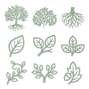 Può includere: Una collezione di nove ricami a macchina color verde salvia che raffigurano vari elementi botanici, tra cui alberi con radici, rami frondosi, foglie singole, un viticcio con riccioli e una foglia di quercia con una ghianda in stile lineare.