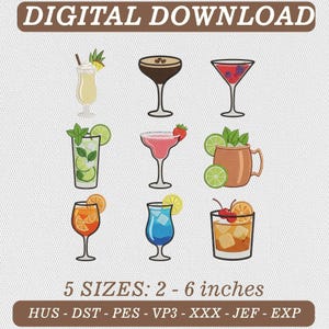 Cocktail Embroidery Design Bundle, Mini Drink Icons, Outline Style (Digital Download)