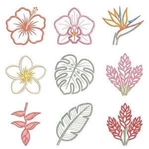 Broderidesignpaket med tropiska blommor, blommiga ikoner, hibiskus, palmblad (digital nedladdning)