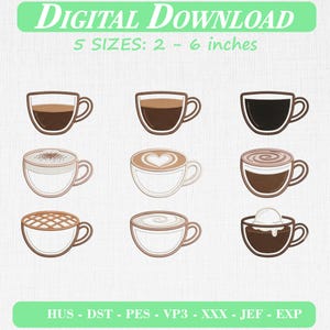 Modern Coffee Menu Embroidery Bundle, 9 Mini Icons, Machine Embroidery Files (Digital Download)