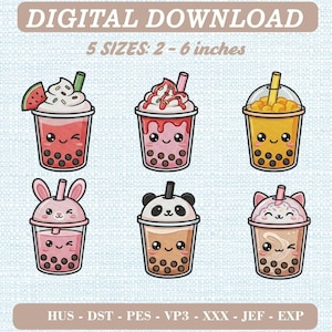 Puede incluir: Un conjunto de archivos de bordado de descarga digital con seis tazas de té de burbujas estilo kawaii con varios ingredientes y tapas de animales. El texto dice DIGITAL DOWNLOAD, 5 SIZES: 5 - 15 cm, y HUS - DST - PES - VP3 - XXX - JEF - EXP.