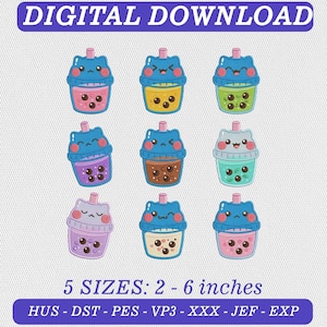 Kawaii Cat Bubble Tea Embroidery Design Set: Pastel Boba Drink Machine Embroidery (Digital Download)