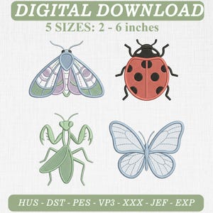 Paquete de iconos de bordado de insectos, motivos florales y diseños minimalistas (descarga digital)