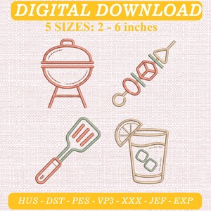 Könnte beinhalten: Digitales Stickmuster-Download mit vier Grill-Symbolen: ein runder Holzkohlegrill, ein Fleischspieß, ein Pfannenwender und ein Glas mit Zitronenscheibe und Eiswürfeln. Text: DIGITAL DOWNLOAD 5 SIZES: 2 - 6 inches HUS - DST - PES - VP3 - XXX - JEF - EXP.