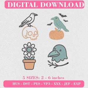Puede incluir: Un conjunto de diseños de bordado para descarga digital con cuatro iconos: un cuervo negro sobre una calavera, un cuervo azul verdoso sobre una calabaza con murciélagos, una flor en una maceta y una cabeza de cuervo con una rama.