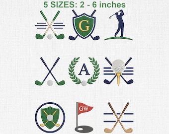 May include: A collection of nine golf-themed embroidery designs featuring crossed golf clubs, a shield with the letter G, a golfer silhouette, a letter A inside a laurel wreath, a golf ball on a tee, a shield with a ball, and a flag with GW.