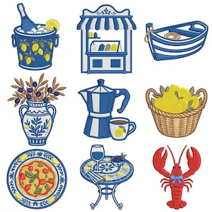 May include: A collection of nine embroidered patches featuring Mediterranean themes including a lemon ice bucket, a market stall, a blue boat, an olive vase, a coffee maker with a cup, a basket of lemons, a pasta plate, a bistro table, and a red lobster.