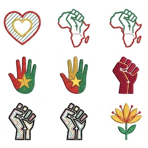 May include: A collection of fifteen embroidered patches featuring various designs including a peace sign, hearts, maps of Africa, raised fists, hands with stars, and flowers in red, yellow, green, and black colors with visible stitching details.
