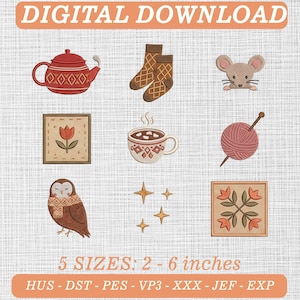 Vintage-Teekannen-Stickerei mit Blumenmuster, Rosenkessel-Muster im Landhausstil (Digitaler Download)