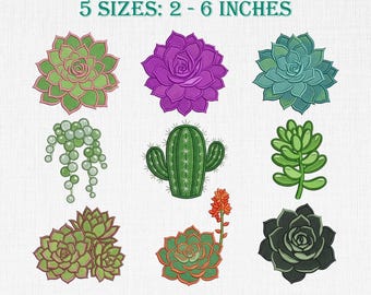 May include: A digital download featuring nine succulent and cactus illustrations in various colours including green, purple, and dark grey. The text reads DIGITAL DOWNLOAD and 5 SIZES: 5 - 15 CM, with file formats HUS, DST, PES, VP3, XXX, JEF, and EXP listed.