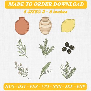 Könnte beinhalten: Ein digitales Stickmuster-Set mit einer terrakottafarbenen Vase, einer beigen Vase, einer gelben Zitrone und verschiedenen grünen botanischen Elementen wie Olivenzweigen, Rosmarin und Lavendel. Text: MADE TO ORDER DOWNLOAD 5 SIZES: 5 - 15 cm.