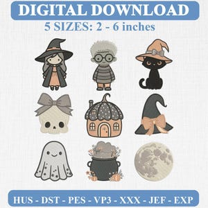 May include: Digital download embroidery design set featuring nine Halloween-themed icons: a witch, a monster, a cat in a hat, a skull with a bow, a house, a witch hat, a ghost, a cauldron with potion, and a moon. Text reads: DIGITAL DOWNLOAD 5 SIZES: 2 - 6 inches.