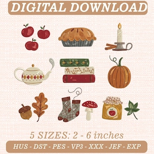 Gemütliche Herbstgeschichten Stickmuster, Kürbis-Apfelkuchen-Teekanne (Digitaler Download)