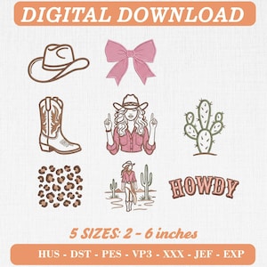 Rosa Cowgirl Broderipaket, Western Ikoner, Blommor, Kaktus, Howdy (Digital Nedladdning)