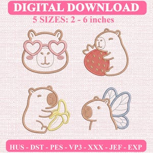 Op de afbeelding: Een digitale download borduurontwerp-set met vier capybara-illustraties in 5 maten van 5 tot 15 cm. De ontwerpen bevatten een capybara met hartvormige bril, een met een aardbei, een met een banaan en een met vlindervleugels.