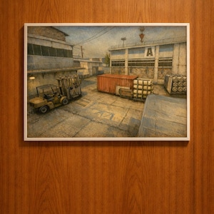 May include: A framed watercolor painting of a warehouse scene. The artwork depicts a yellow forklift, red shipping containers, and industrial buildings. The painting has a muted color palette with a focus on architectural details.