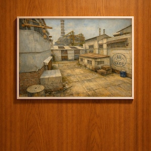 May include: A framed painting depicting an industrial scene with buildings, a smokestack, and a crane under a cloudy sky. The artwork is in muted tones of gray, beige, and blue, with the text "ЧАЕС" visible on a wall. The painting is mounted on a wooden door.