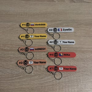 Puede incluir: Una colección de ocho llaveros rectangulares en amarillo, blanco, melocotón y rojo. Cada uno presenta un ranking numerado, un logotipo circular, una bandera nacional y un nombre o el texto Your Name. Los llaveros incluyen anillas metálicas.