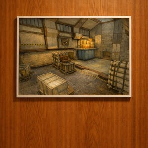 May include: A framed watercolor painting depicts an industrial warehouse interior. The artwork features wooden crates, stacked pallets, and architectural details like rafters and ventilation. The color palette is muted, with shades of brown, beige, and gray.