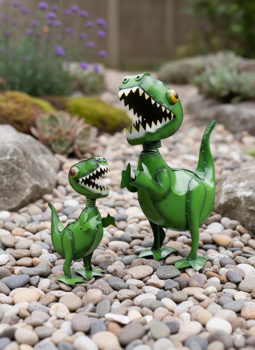Metal Green T Rex Dinosaur Family | Garden Patio Decor