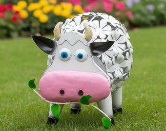 Metal Flowered Cow | Garden Patio Decor | Southwestern Yard Art Sculpture | Handmade Outdoor Statue