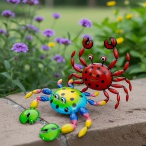 May include: Two colorful metal crab sculptures. One is red with black spots and a smiling face. The other is blue, yellow, and green. They are placed on a brick surface with purple flowers in the background.