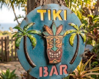 Metal Tropical Tiki Bar Sign | Pool Patio Decor | Nautical Wall Art Sculpture | Beachhouse Outdoor Statue