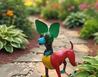 Metal Colorful Chihuahua Marble Eyes | Garden Patio Decor | Southwestern Yard Art Sculpture | Handmade Outdoor Statue