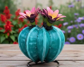 Mini cactus Bisnaga de metal pintado a mano / Decoración para jardín y patio / Escultura de arte de estilo suroeste para exteriores