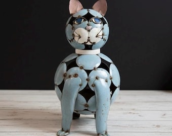 Metal Rustic Gray Cotton Cat | Garden Patio Decor | Southwestern Yard Art Sculpture | Handmade Outdoor Statue