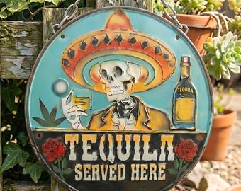 Metal Tequila Served Here Bar Sign | ManCave Patio Decor | Southwestern Wall Yard Art Sculpture | Outdoor Statue