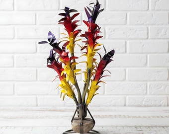 Metal Colorful Ocotillo Cactus on Rock Stand | Garden Patio Decor | Southwestern Yard Art Sculpture | Outdoor Statue