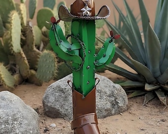 Metal Cowboy Saguaro Cactus | Garden Patio Decor | Southwestern Yard Art Sculpture | Outdoor Statue