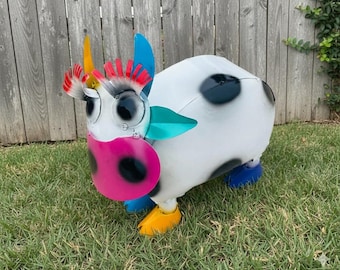 Metal Sassy Cow | Garden Patio Decor | Southwestern Yard Art Sculpture | Handmade Outdoor Statue