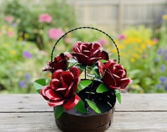 Metal Red Rose Flower Basket Bouquet | Garden Patio Decor | Southwestern Yard Art Sculpture | Outdoor Statue