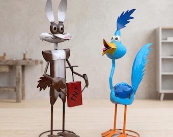 Metal Meep Roadrunner and Willie Coyote | Garden Patio Decor | Southwestern Yard Art Sculpture | Handmade Outdoor Statue