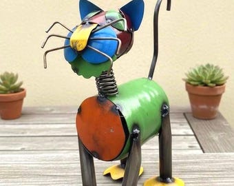 Metal Colorful Cat Marble Eyes | Garden Patio Decor | Southwestern Yard Art Sculpture | Handmade Outdoor Statue