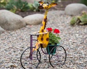 Metal Giraffe Tricycle Planter | Garden Patio Decor | Southwestern Yard Art Sculpture | Handmade Outdoor Statue