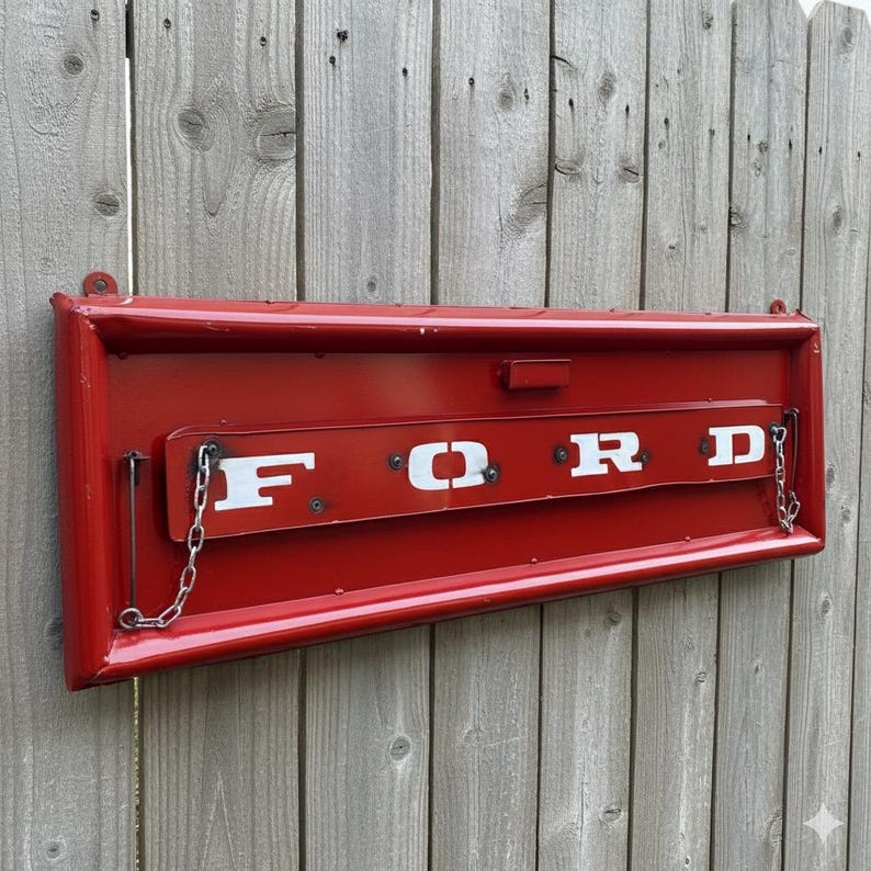 Op de afbeelding: Een rood metalen bord met het woord "FORD" in witte blokletters. Het rechthoekige bord heeft een scharnierend paneel met een ketting. Het is gemonteerd op een verweerde houten schutting.
