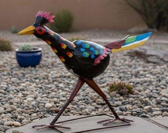 Metal Handpainted Roadrunner | Garden Patio Decor | Southwestern Yard Art Sculpture | Handmade Outdoor Statue
