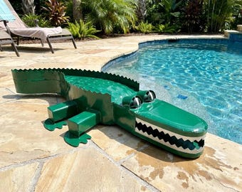 Metal Green Crocodile Alligator | Garden Patio Decor | Southwestern Yard Art Sculpture | Handmade Outdoor Statue