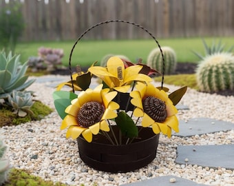 Metal Sunflower Basket Bouquet | Garden Patio Decor | Southwestern Yard Art Sculpture | Outdoor Statue