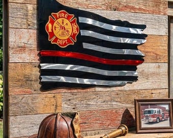 Metal Firefighter American Flag Sign | Garden Patio Decor | USA Plasma Wall Art Sculpture | Outdoor Statue | 4th of July Celebration