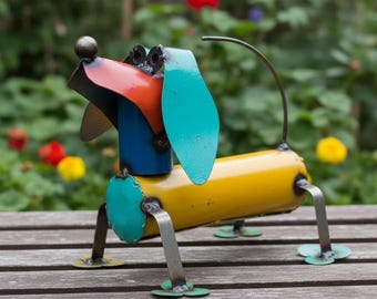 Metal Multicolor Dachshund Weenie Dog | Garden Patio Decor | Southwestern Yard Art Sculpture | Handmade Outdoor Statue