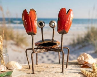 Metal Mini Red Crab | Coastal Nautical Pool Decor | Beach Yard Art Sculpture | Handmade Outdoor Statue