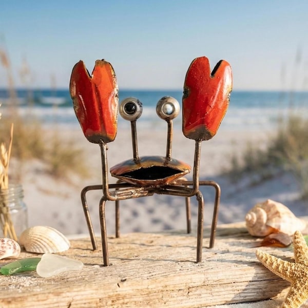 Metal Mini Red Crab | Coastal Nautical Pool Decor | Beach Yard Art Sculpture | Handmade Outdoor Statue